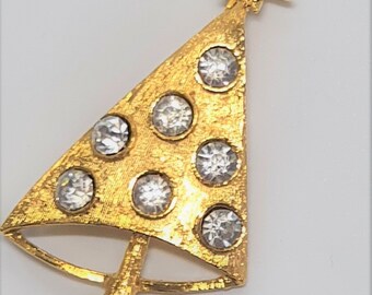 Vintage Rhinestone Mylu Christmas Tree Pin, Gold Tone Brooch Clear Stones
