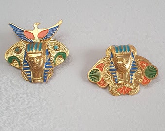Egyptian Revival Two Czech Vintage Pins, Pharaoh Brooch