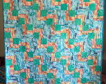 Soft Modern Quilt: Blue, Green, Orange Throw Quilt (48" x 62")