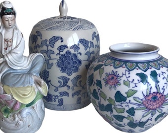 Vintage Chinese Porcelain Vase | Pink, Blue, Green, & White Handpainted Floral Designs | Ovoid Shaped Planter Vase Jar