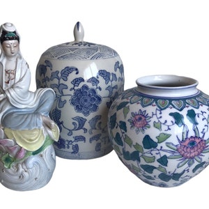 Vintage Chinese Porcelain Vase Pink, Blue, Green, & White Handpainted Floral Designs Ovoid Shaped Planter Vase Jar image 1
