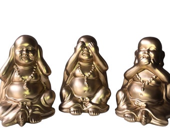 Vtg 8” Ceramic HEAR/SEE/SPEAK No Evil Buddha Figurines | x 3 Gold Happy Buddhas | Japanese Lucky Bookends | Feng Shui Meditation Statues