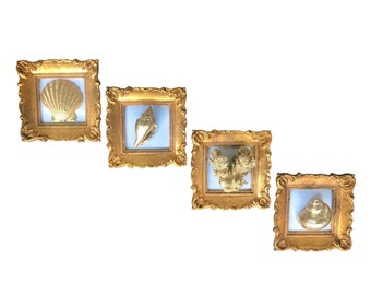 Set of 4 Vintage Framed Gold Gilt Genuine Coral & Seashell Art | Ornate Frames | Aqua + Gold Beach Chic Dimensional Wall Decor