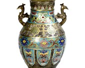 Antique Cloisonné Champleve Vase Urn Large Meiji Period Colorful Highly Detailed Collectible Japanese Metal Enamel Vase Peacock Handles