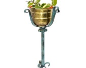 Vintage 25.5 quot Scrolled Wrought Iron Turquoise Gold Patina Plant Stand Boho Rustic Shabby Chic Indoor Outdoor Fern Stand