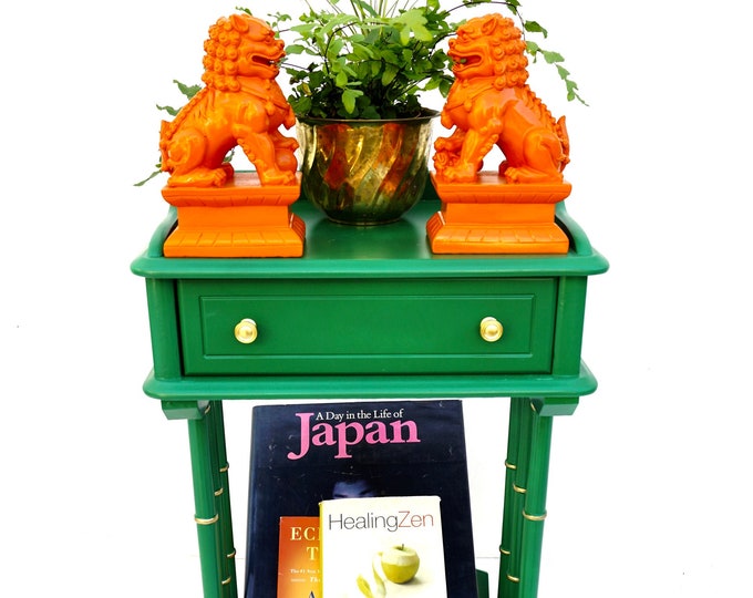 Vintage Faux Bamboo Side Table Magazine Rack Drawer Entry Table Green