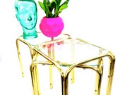 x3 Vintage Modernist Brass Glass Accent Tables Plant Stands Chic Gold Metal Side Tables