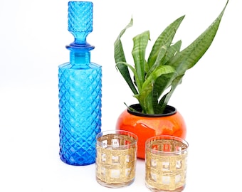 MCM Empoli Azure Blue Diamond Point Glass Liquor Decanter || Hollywood Regency Barware