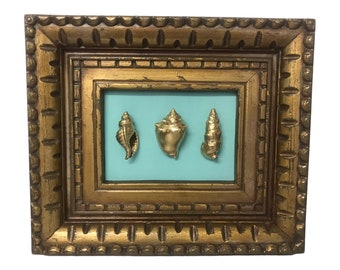 Vintage Gold Ornate Framed Genuine Gold Dipped Seashells | Boho Chic Beach House Wall Art | 13x11