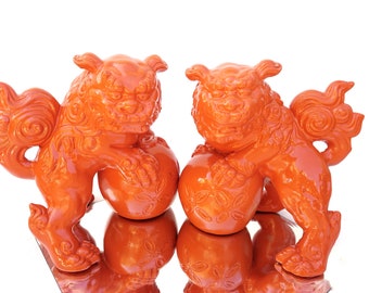 11" Vintage Hermès Orange Foo Dogs- A Pair | Ceramic Color Pop Guardian Lions | Personal Protection Statues | Chinoiserie Chic Decor