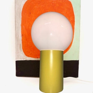 Large Bauhaus Yellow Base Globe Table Lamp Mid-Century Modernist Uplight Space Age Color Pop/ Eames Era Can Lamp Glass Globe image 1