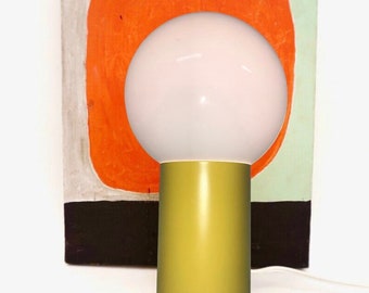 Large Bauhaus Yellow Base Globe Table Lamp Mid-Century Modernist Uplight | Space Age Color Pop/ Eames Era Can Lamp Glass Globe