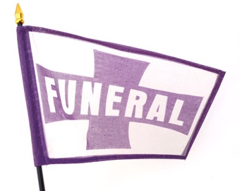 Vintage Funeral Flag | Hearse Car Procession Banner | Halloween Decor | Purple & White Graphic Funeral Sign | Macabre Collectible