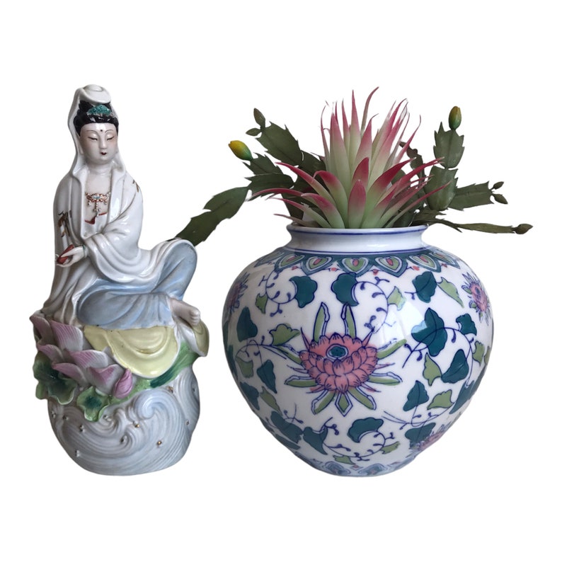 Vintage Chinese Porcelain Vase Pink, Blue, Green, & White Handpainted Floral Designs Ovoid Shaped Planter Vase Jar image 5