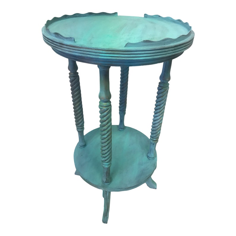 Vintage 2-Tier Parlor Table Turquoise BoHo CoLoR POP Pie Crust Plant Stand Antique Revival Accent Table Park Furniture Co. image 7