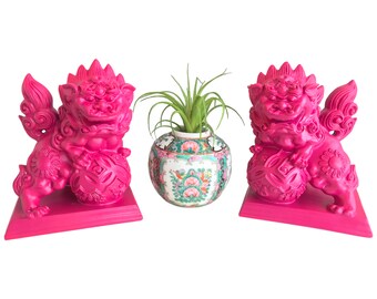 Large Hot Pink FOO DOGS || Fuchsia Guardian Shi Shi Lions | Color Pop Protection Statues- A Pair | Modern Chinoiserie Home Decor