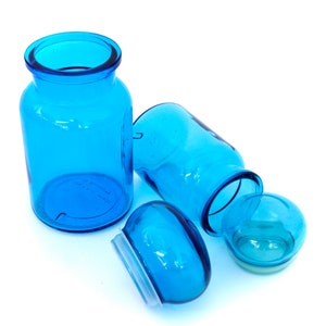 9 & 7 Vintage Turquoise Glass Apothecary / Pharmacy Jars A PAIR Air Tight Bubble Lids Made in Belgium Cool Multifunctional Decor image 4