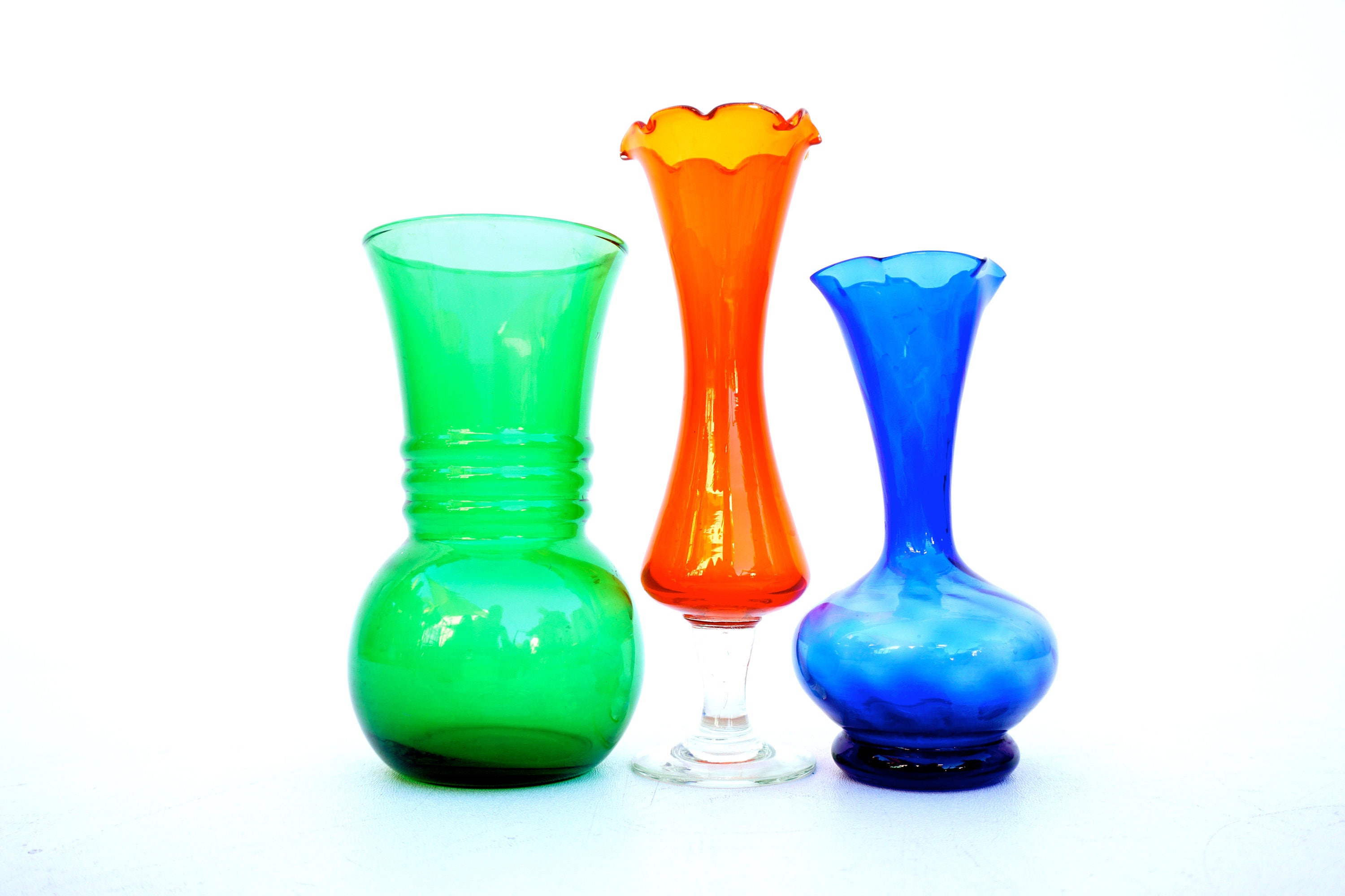 Assorted Trio Mcm Orange Emerald Cobalt Glass Vases Etsy