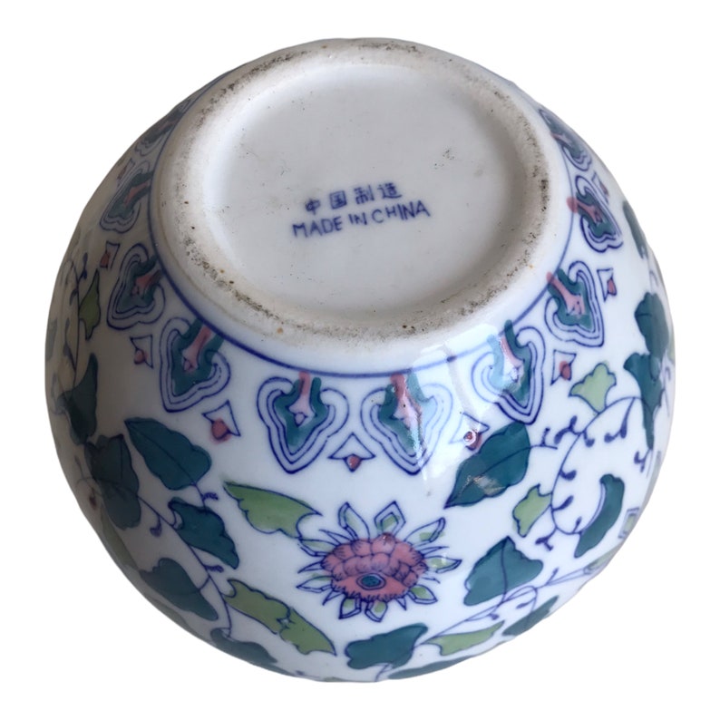 Vintage Chinese Porcelain Vase Pink, Blue, Green, & White Handpainted Floral Designs Ovoid Shaped Planter Vase Jar image 9