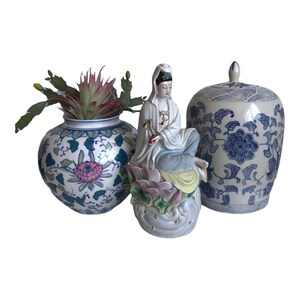 Vintage Chinese Porcelain Vase Pink, Blue, Green, & White Handpainted Floral Designs Ovoid Shaped Planter Vase Jar image 8