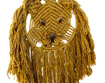 40" Vintage Mid-Century Macrame Lion || Leo the Lion Macrame Animal Art || Retro Animal Nursery Decor