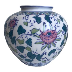 Vintage Chinese Porcelain Vase Pink, Blue, Green, & White Handpainted Floral Designs Ovoid Shaped Planter Vase Jar image 3