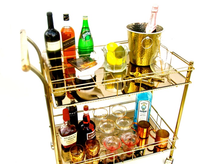 Vintage Brass Bar Cart GLAM Twotier Gold Mirror Tops Bottle Slots