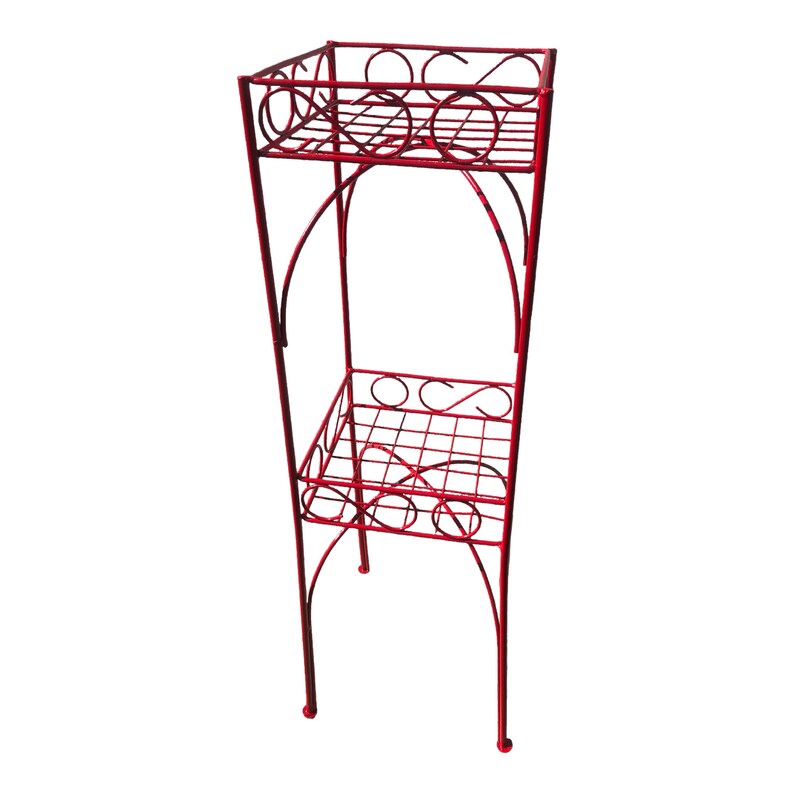 Vtg Mid-Century Red Metal 2-Tier Plant Stand Color Pop Garden Decor Corner Display Stand Retro Storage Stand image 7