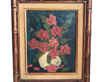 Vintage Original Impasto Mohnblumen Stillleben Gemälde | Künstlicher Bambusrahmen | Botanisches Blumenkunstwerk | Galerie-Wandbehang