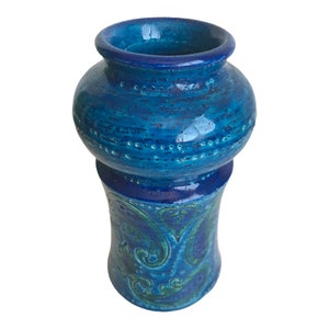 Vintage Bitossi Remini Blue Liberty Paisley Vase  | Mid-Century Aldo Londi for Bitossi Candle Holder / Planter | Italian Pottery Art