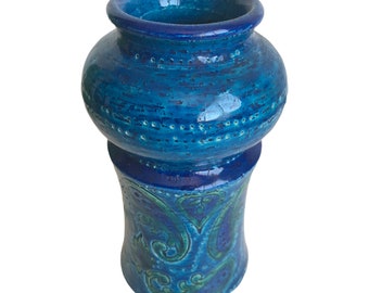 Vintage Bitossi Remini Blue Liberty Paisley Vase  | Mid-Century Aldo Londi for Bitossi Candle Holder / Planter | Italian Pottery Art
