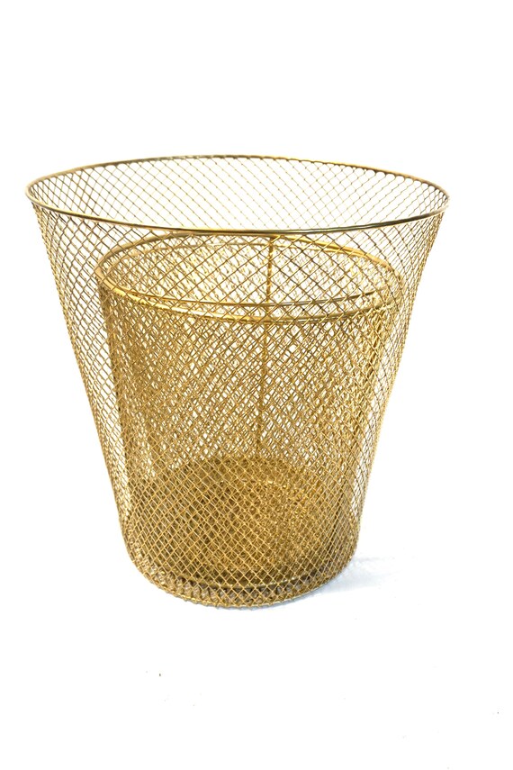 GOLD Metal Diamond Mesh Wastebasket Industrial Wire Trash Can
