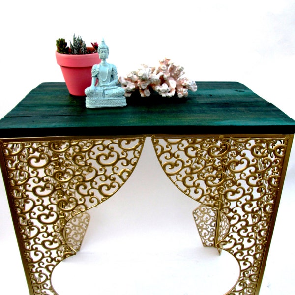 Boho Style Gold Metal & Turquoise-Green Wood Accent Table Unique Detailed Moroccan Decor