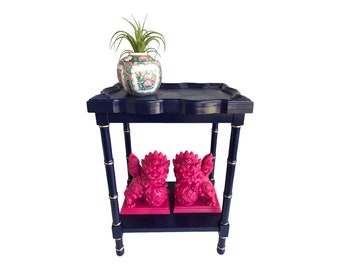 Vintage BRANDT Navy & Gold Wood Faux Bamboo Accent Table | Chinoiserie Two-Tier Plant Stand Small Side Table