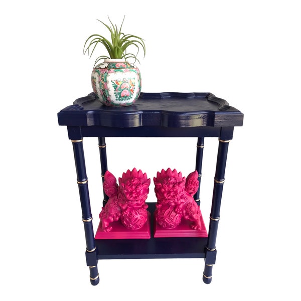 Vintage BRANDT Navy & Gold Wood Faux Bamboo Accent Table | Chinoiserie Two-Tier Plant Stand Small Side Table