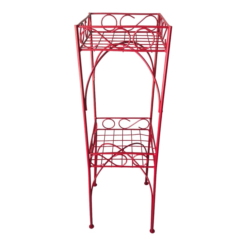 Vtg Mid-Century Red Metal 2-Tier Plant Stand Color Pop Garden Decor Corner Display Stand Retro Storage Stand image 10