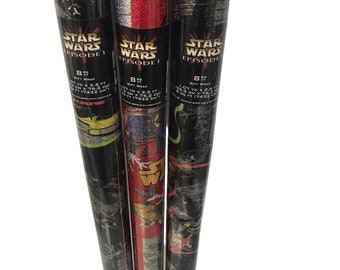 90’s STAR WARS Episode One Wrapping Paper Rolls x3 NOS Sparkle Foil 8 ft. Gift Wrap Rolls