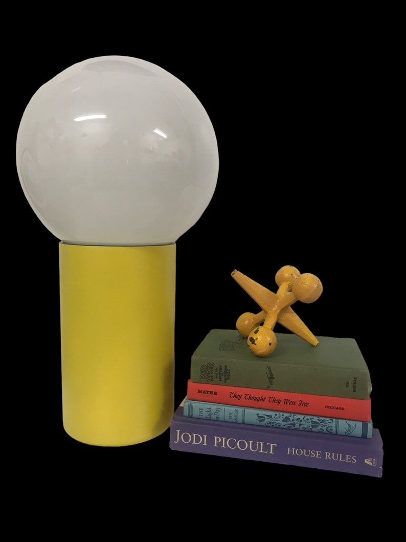 Large Bauhaus Yellow Base Globe Table Lamp Mid-Century Modernist Uplight Space Age Color Pop/ Eames Era Can Lamp Glass Globe image 10