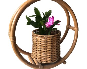 Vintage Circular Rattan Planter | Boho Bottle Holder | Napkin/Silverware Caddy | Hanging or Tabletop | TWO AVAILABLE!