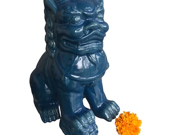 13x11 Vintage Blue Porcelain Foo Dog Statue | Guardian Shishi Female Lion Figurine | Chinoiserie Chic Home Dècor