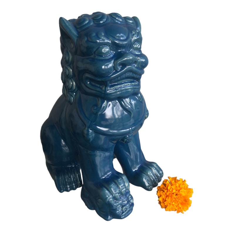 13x11 Vintage Blue Porcelain Foo Dog Statue Guardian Shishi Female Lion Figurine Chinoiserie Chic Home Dècor image 1