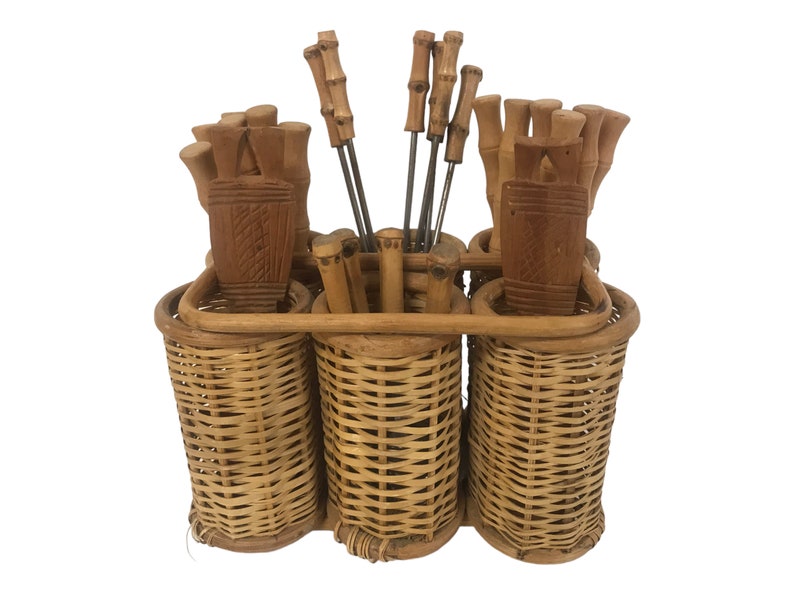 Vintage Bamboo Silverware & Caddy Set 25 Pieces Made in Japan Mid-Century Tiki Serving Set image 4