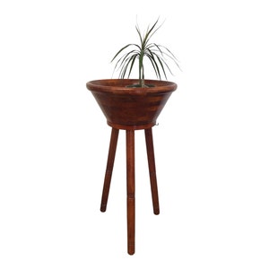 Mid-Century Danish Modern Wood Freestanding Salad Bowl Stand & Utensils Repurposed Plant Stand Vintage Japanese Suzuki Large Bowl image 4