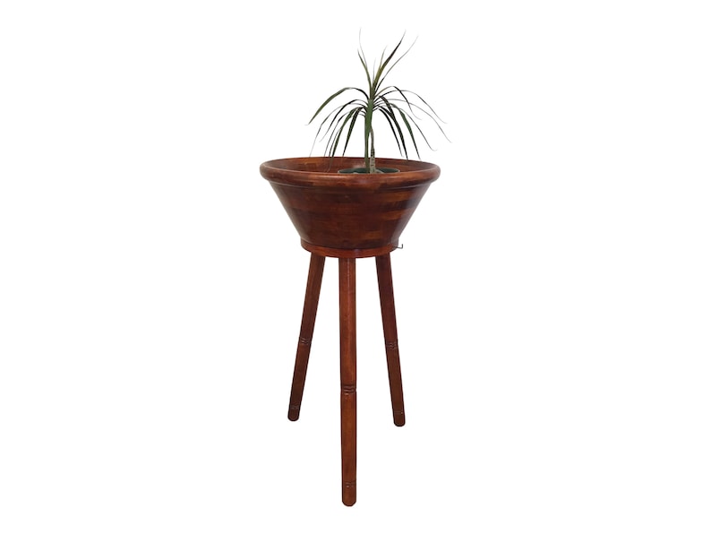 Mid-Century Danish Modern Wood Freestanding Salad Bowl Stand & Utensils Repurposed Plant Stand Vintage Japanese Suzuki Large Bowl image 4