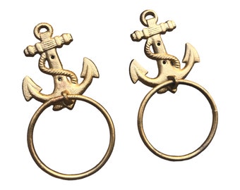 Pair of Gold Cast Iron Boat Anchor Wall Mount Bail Ring Towel Holders | Nautical Door Knockers