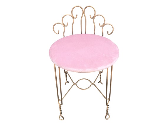 Vintage Pink Velvet Gold Metal Vanity Chair Hollywood Regency
