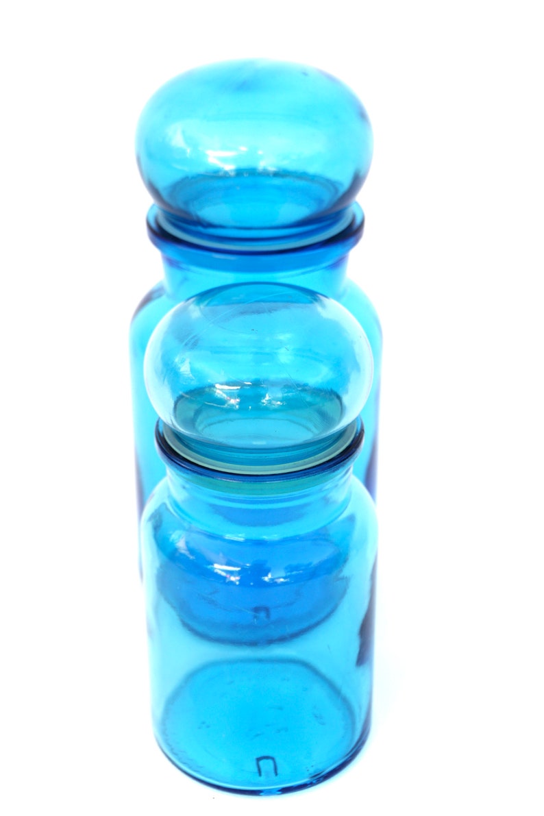 9 & 7 Vintage Turquoise Glass Apothecary / Pharmacy Jars A PAIR Air Tight Bubble Lids Made in Belgium Cool Multifunctional Decor image 5