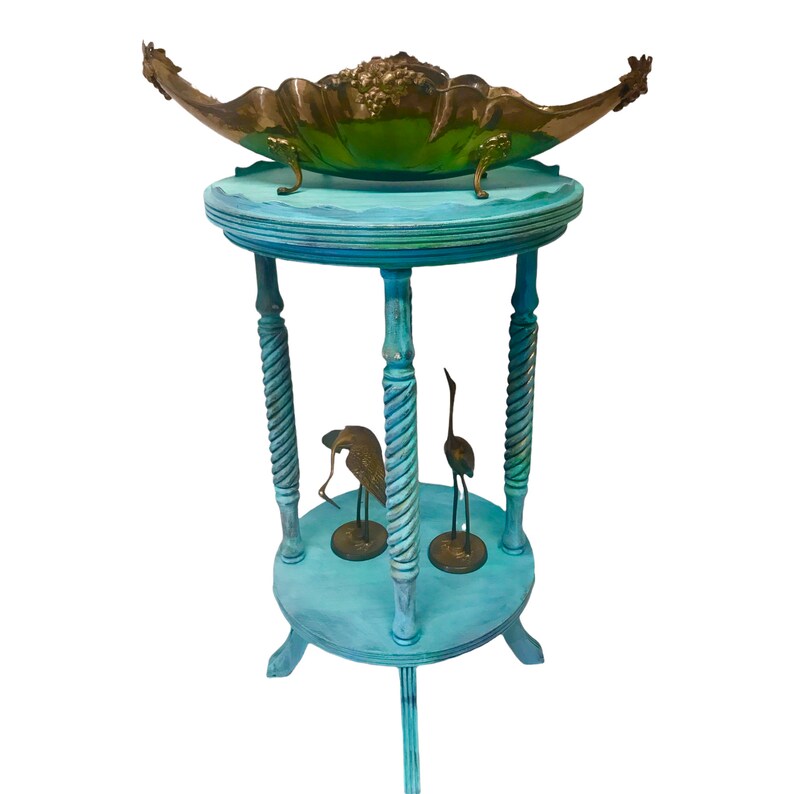 Vintage 2-Tier Parlor Table Turquoise BoHo CoLoR POP Pie Crust Plant Stand Antique Revival Accent Table Park Furniture Co. image 9