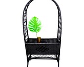 Vintage Black Woven Wicker Rattan Plant Stand Stately Arched Fern Planter Garden Box Indoor Outdoor Trellis