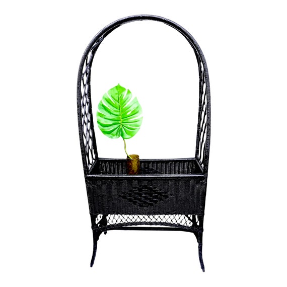 Vintage Black Woven Wicker Rattan Plant Stand Stately Etsy